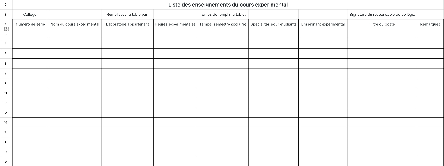 Liste des enseignements du cours expérimental